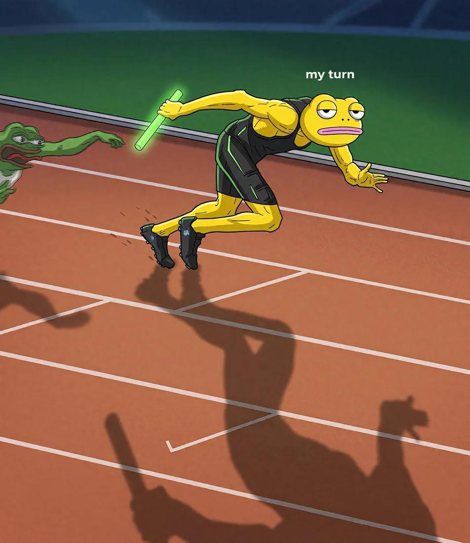 A green frog hands a glowing baton to VIVYX, who takes it at a sprint without changing expression