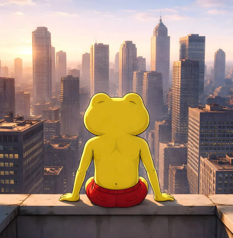 VIVYX sitting on a rooftop above a city at dusk wearing a float ring